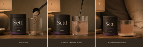 How it works in three steps - one scoop, stir into 250ml water, drink 30 minutes before bed