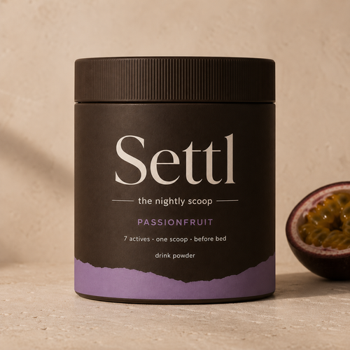 Settl Passionfruit tub, 7 actives, one scoop, before bed