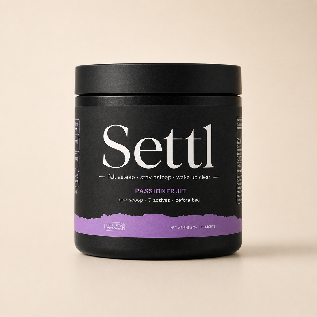 The Settl Passionfruit tub. Seven actives, one scoop, before bed