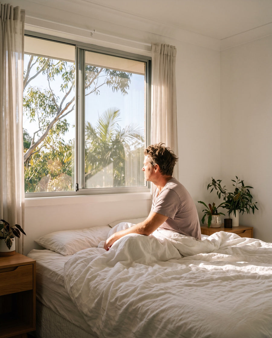 A man sitting up in bed in the morning light, looking out the window