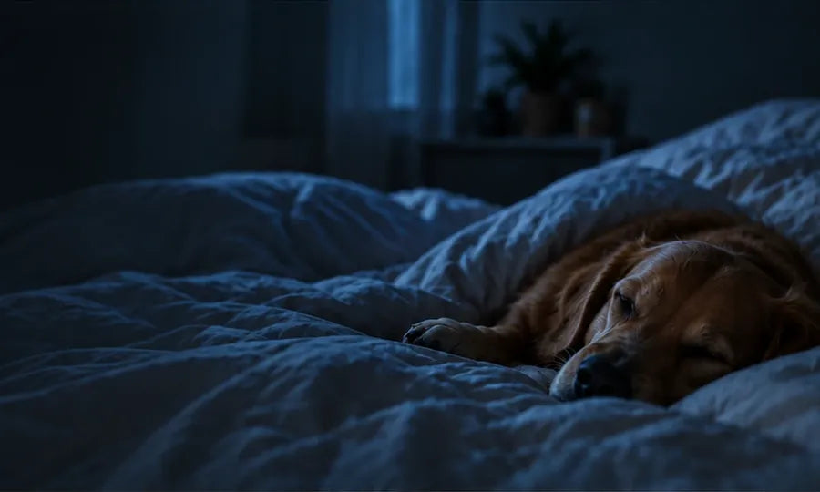 A golden retriever asleep on a bed in a dark blue room, well after midnight.
