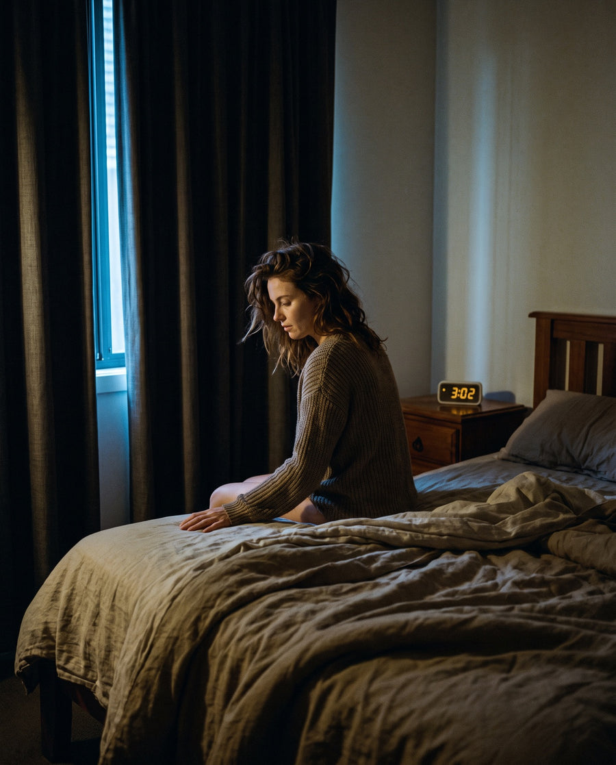 A woman sitting up in bed in the dark, the bedside clock glowing