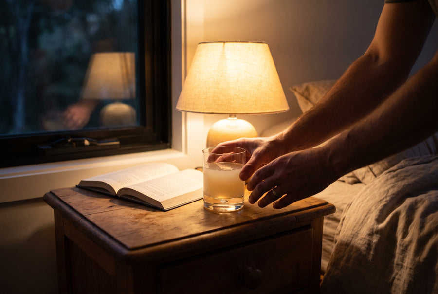 A hand reaching for a glass on a lamp-lit bedside table at night